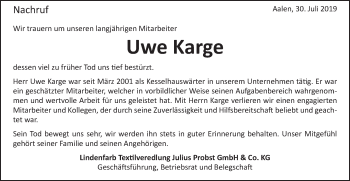 Traueranzeige von Uwe Karge von Schwäbische Post