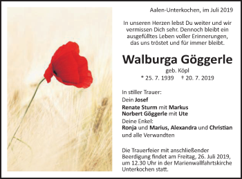 Traueranzeige von Walburga Göggerle von Schwäbische Post
