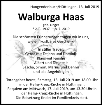 Traueranzeige von Walburga Haas von Schwäbische Post