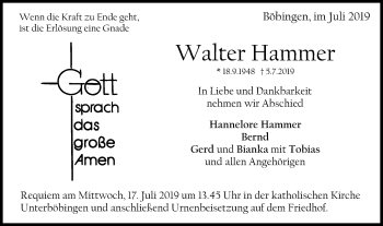 Traueranzeige von Walter Hammer von Gmünder Tagespost