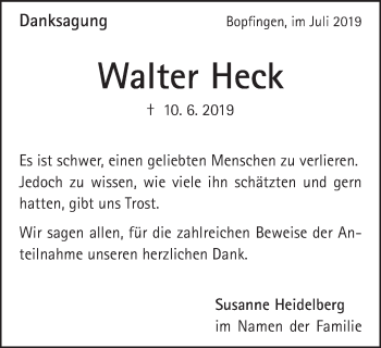 Traueranzeige von Walter Heck von Bopfinger Stadtanzeiger