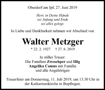 Traueranzeige von Walter Metzger von Schwäbische Post
