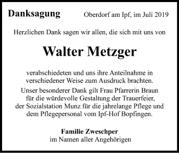 Traueranzeige von Walter Metzger von Schwäbische Post