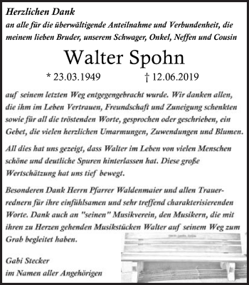 Traueranzeige von Walter Spohn von Gmünder Tagespost