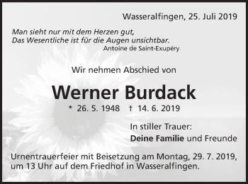 Traueranzeige von Werner Burdack von Schwäbische Post