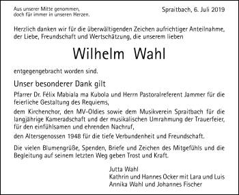 Traueranzeige von Wilhelm Wahl von Gmünder Tagespost