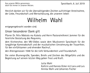 Traueranzeige von Wilhelm Wahl