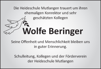 Traueranzeige von Wolfe Beringer von Gmünder Tagespost