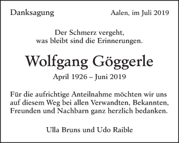 Traueranzeige von Wolfgang Göggerle von Schwäbische Post