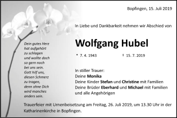 Traueranzeige von Wolfgang Hubel von Schwäbische Post