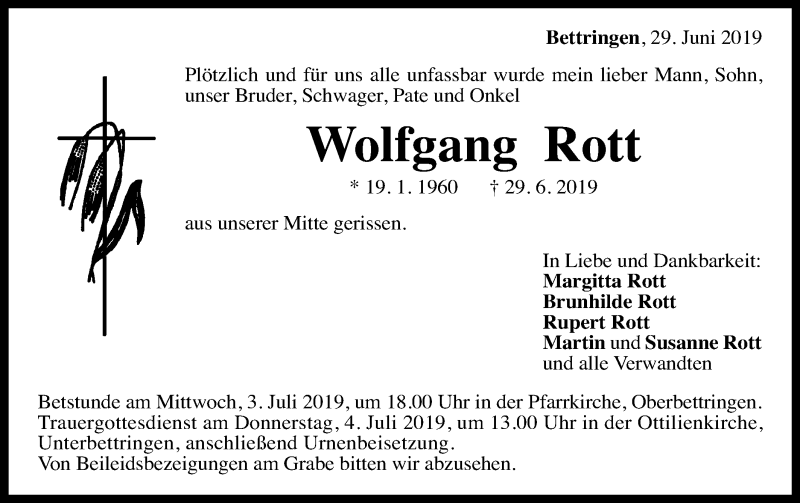  Traueranzeige für Wolfgang Rott vom 02.07.2019 aus Gmünder Tagespost