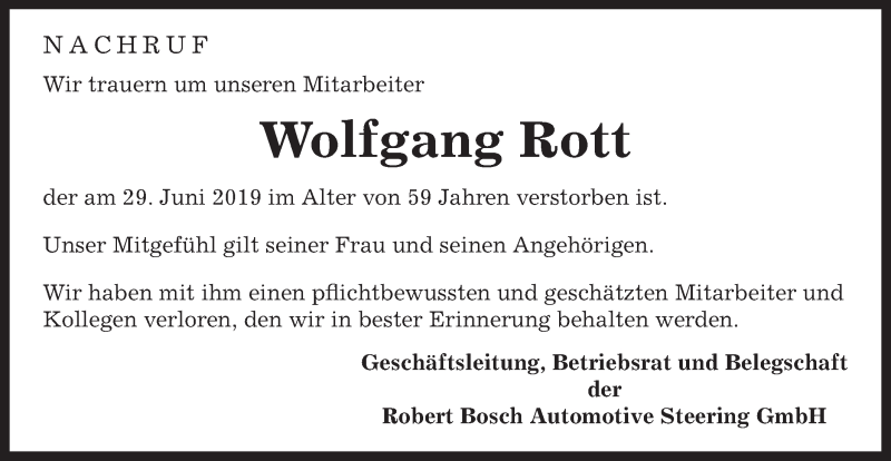  Traueranzeige für Wolfgang Rott vom 02.07.2019 aus Gmünder Tagespost
