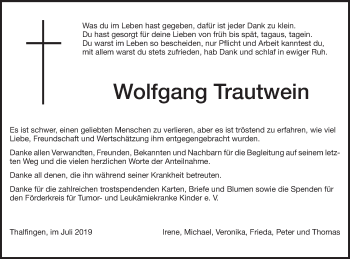 Traueranzeige von Wolfgang Trautwein von Schwäbische Post