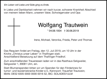 Traueranzeige von Wolfgang Trautwein von Schwäbische Post