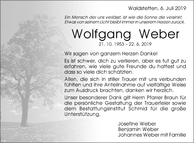  Traueranzeige für Wolfgang Weber vom 06.07.2019 aus Gmünder Tagespost
