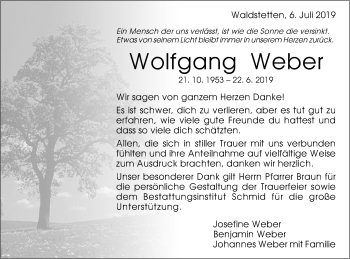 Traueranzeige von Wolfgang Weber von Gmünder Tagespost