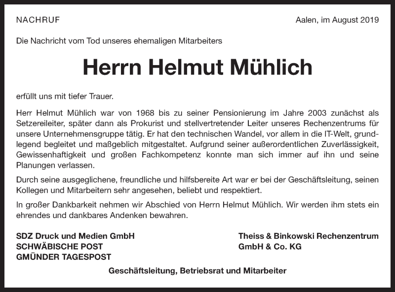  Traueranzeige für Helmut Mühlich vom 07.08.2019 aus Schwäbische Post / Gmünder Tagespost