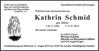 Traueranzeige von Kathrin Schmid von Gmünder Tagespost