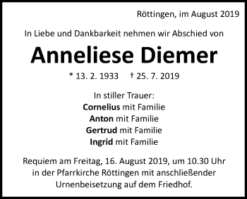 Traueranzeige von Anneliese Diemer von Schwäbische Post