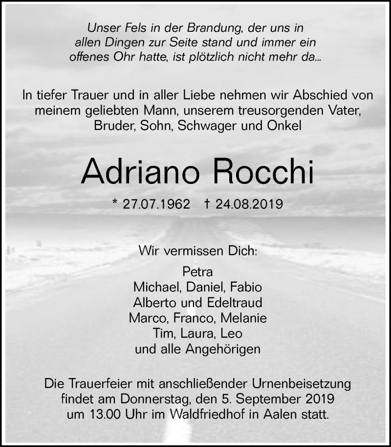  Traueranzeige für Adriano Rocchi vom 28.08.2019 aus Schwäbische Post