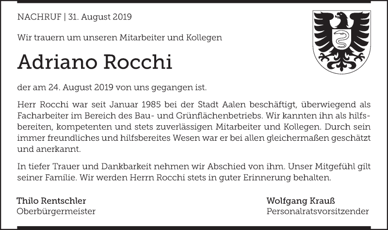  Traueranzeige für Adriano Rocchi vom 31.08.2019 aus Schwäbische Post