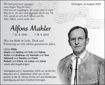 Traueranzeige von Alfons Mahler von Schwäbische Post