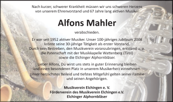 Traueranzeige von Alfons Mahler von Schwäbische Post