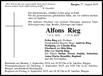Traueranzeige von Alfons Rieg von Gmünder Tagespost