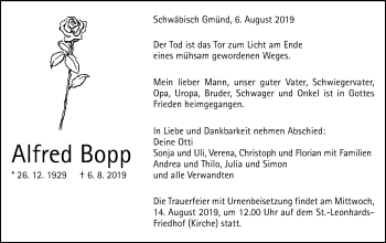 Traueranzeige von Alfred Bopp von Gmünder Tagespost