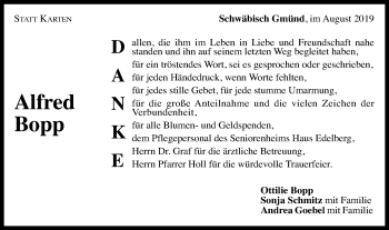 Traueranzeige von Alfred Bopp von Gmünder Tagespost