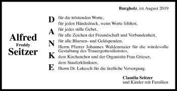 Traueranzeige von Alfred Seitzer von Gmünder Tagespost
