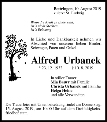 Traueranzeige von Alfred Urbanek  von Gmünder Tagespost