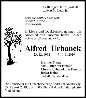 Traueranzeige von Alfred Urbanek 