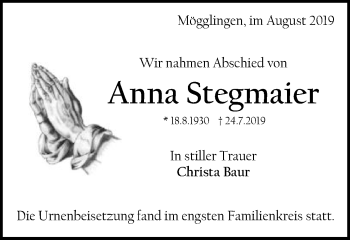 Traueranzeige von Anna Stegmaier von Schwäbische Post