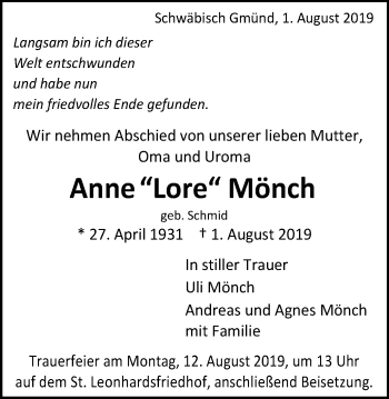 Traueranzeige von Anne Mönch von Gmünder Tagespost