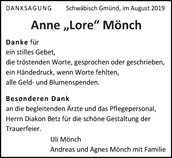Traueranzeige von Anne Lore Mönch von Gmünder Tagespost