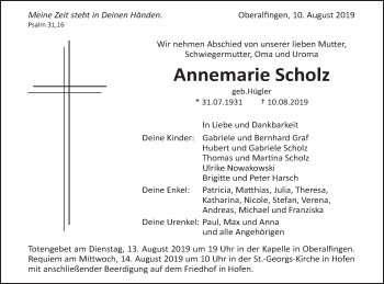 Traueranzeige von Annemarie Scholz von Schwäbische Post