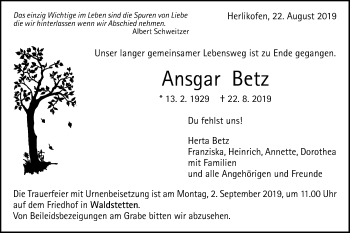 Traueranzeige von Ansgar Betz von Gmünder Tagespost
