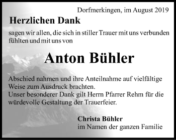 Traueranzeige von Anton Bühler von Schwäbische Post