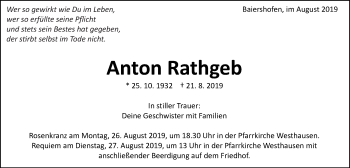 Traueranzeige von Anton Rathgeb von Schwäbische Post