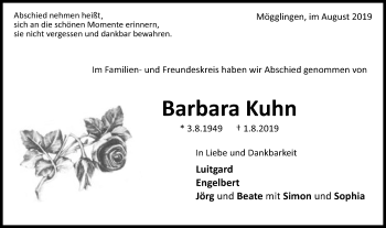 Traueranzeige von Barbara Kuhn von Gmünder Tagespost