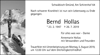 Traueranzeige von Bernd Hollas von Gmünder Tagespost