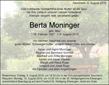 Traueranzeige von Berta Moninger von Schwäbische Post