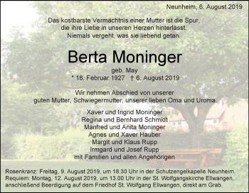 Traueranzeige von Berta Moninger