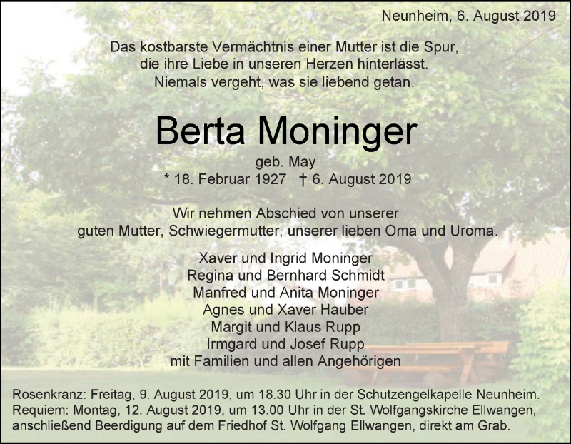  Traueranzeige für Berta Moninger vom 08.08.2019 aus Schwäbische Post