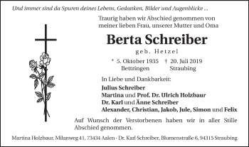 Traueranzeige von Berta Schreiber von Schwäbische Post