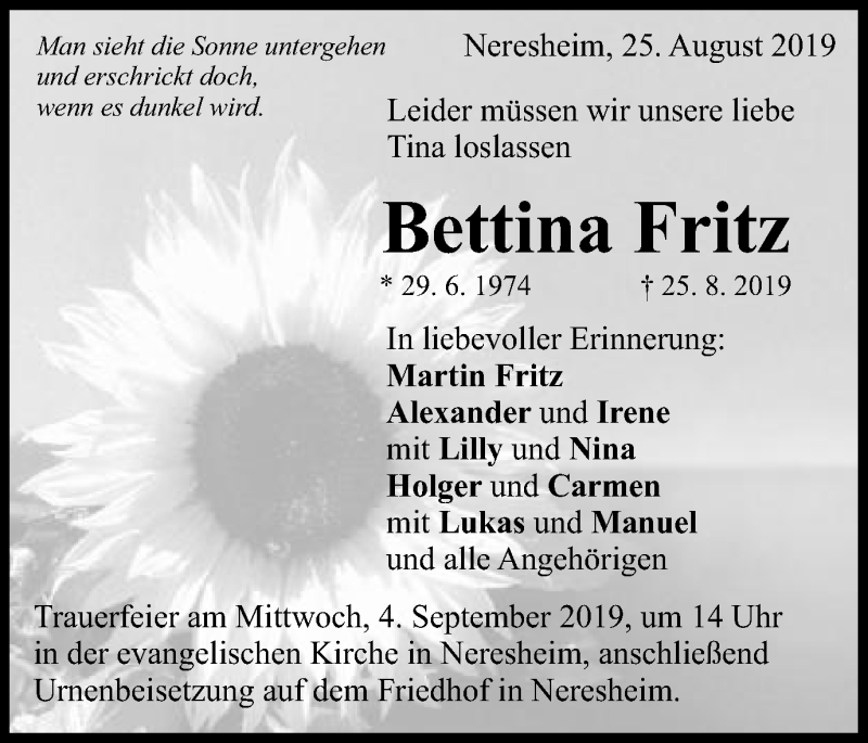  Traueranzeige für Bettina Fritz vom 31.08.2019 aus Schwäbische Post