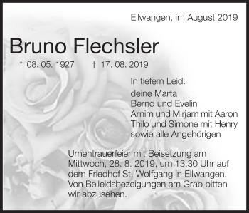 Traueranzeige von Bruno Flechsler von Schwäbische Post