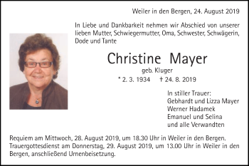 Traueranzeige von Christine Mayer von Gmünder Tagespost