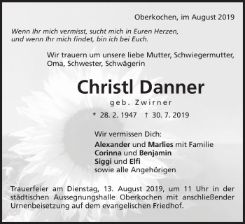 Traueranzeige von Christl Danner von Schwäbische Post